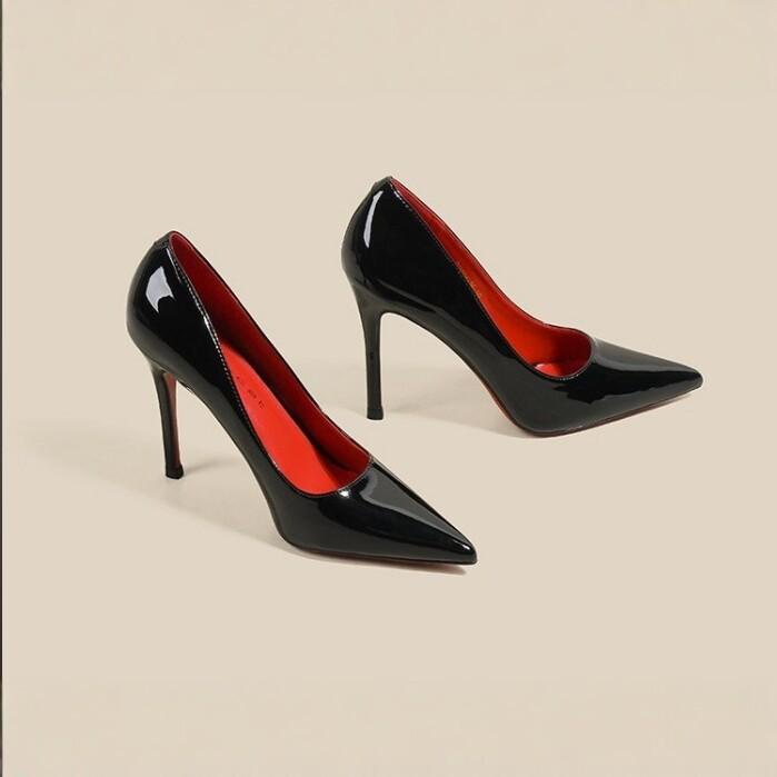 Sapatos de Salto Alto Stiletto Bico Fino em Couro Patente Feminino Solado Preto Vermelho Slip-On Festa Casamento Escritório Sapatos de Salto