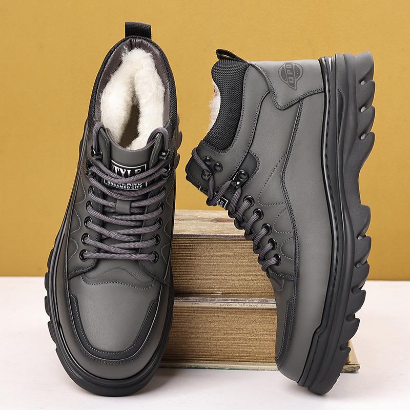Cotton shoes men s winter new dad casual high-top leather shoes with fleece thickened and warm men s Martin boots 44 серый