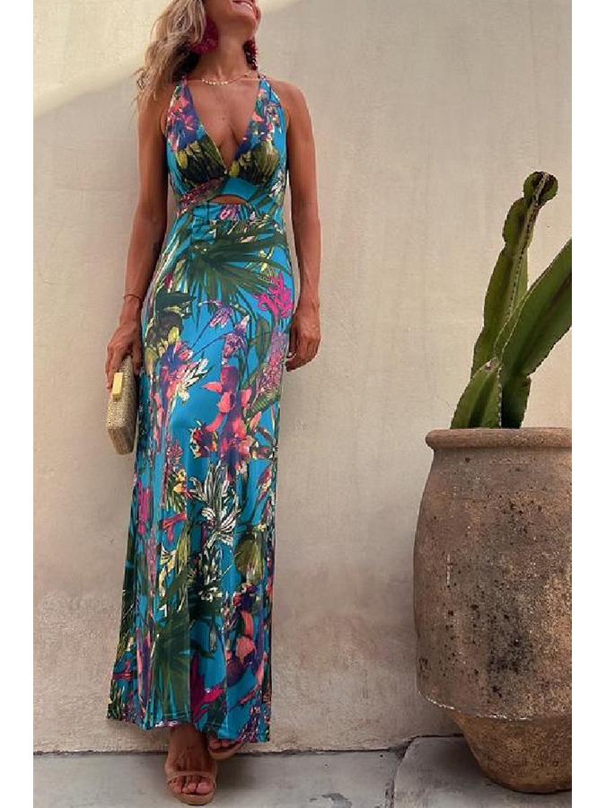 2023 European & American Sexy Print Spaghetti Strap Vacation Dress for Women