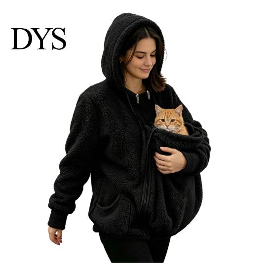 Kapuzenpullover mit Haustier-Tasche, Reißverschluss-Hoodie für Damen, Tragetasche für Katze/Hund, Praktische Winterjacke, Warmes Fleece, Lange Ärmel, Tierliebhaber S schwarz