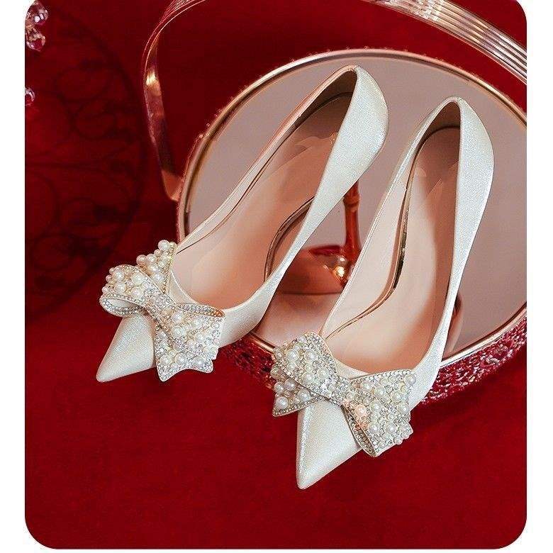 Pointed High Heels Wedding Shoes Women's 2025 New Xiuhe Wedding Dress Two Wear Bride Shoes Champagne Stiletto Bridesmaid Shoes Spring