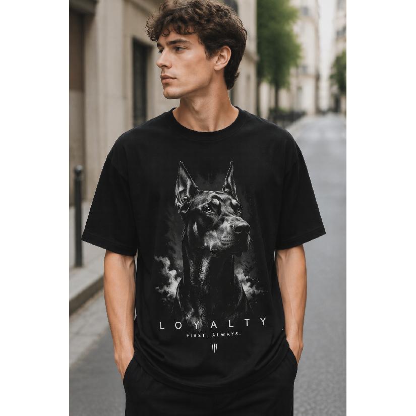 Men s oversized black t-shirt with realistic Doberman graphic, crew neck short sleeve cotton tee for streetwear casual daily wear S