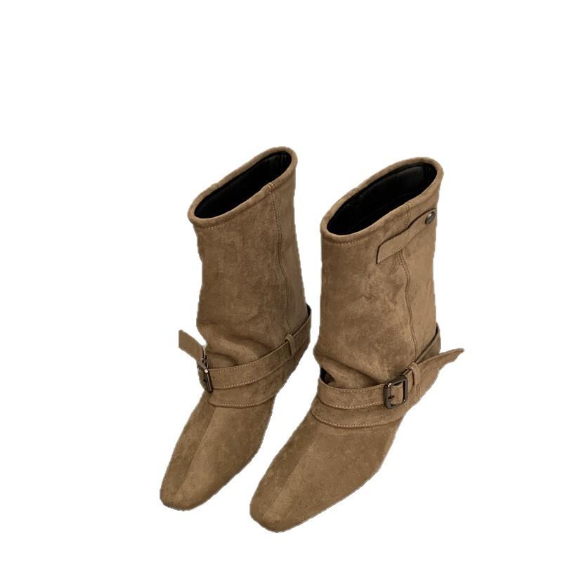 Vintage Suede Khaki Short Boots Women's Boots French Boots Autumn Niche Design Western Pile Boots Knight Boots
