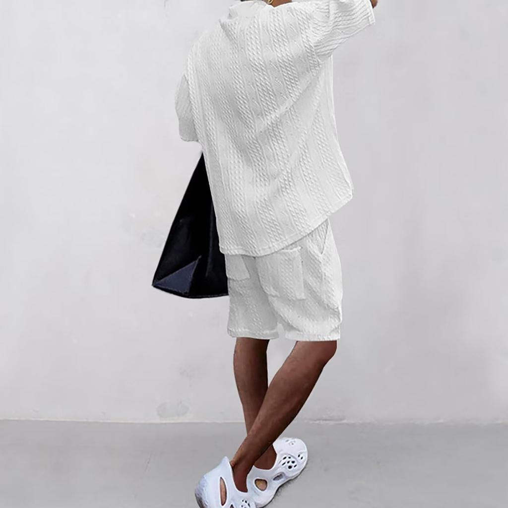Anmurye Summer Tracksuit Short Sleeve and Casual Oversized Adjustable Solid White L Men's Set, T-Shirt Shorts, V-Neck, Fit, Comfortable, Waist, Color,