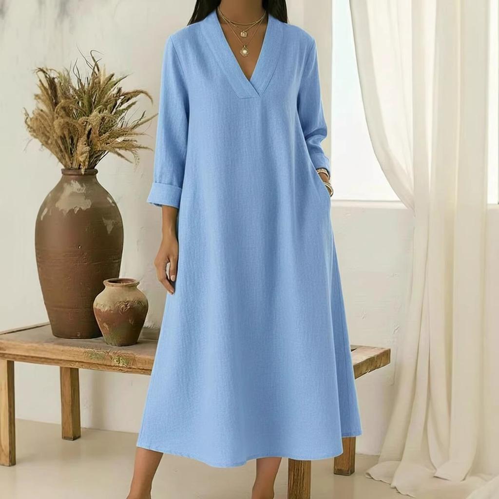 Spring New Women's Casual V-Neck Long Sleeve Cotton Linen A-Line Loose Long Midi Dress for European and American