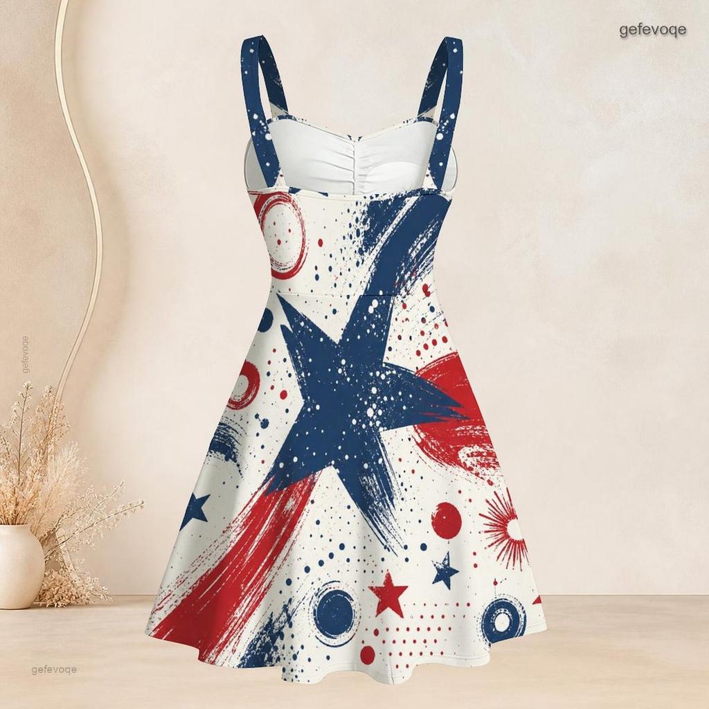 Women Plus Size Off Shoulder Strappy Sleeveless Dress Red White Blue Star Printed Fitted Waist Flared Hem