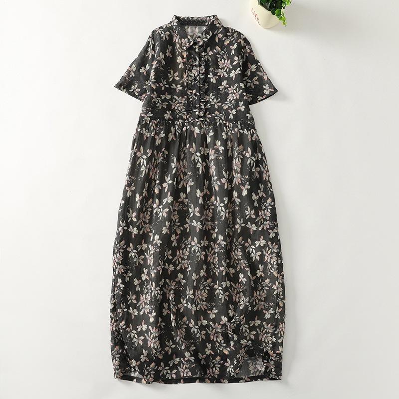 

2025 весна и лето новое легкое роскошное высококачественное цветочное хлопково-льняное платье женское свободное и стройнящее платье-рубашка с короткими рукавами и воротником поло M
