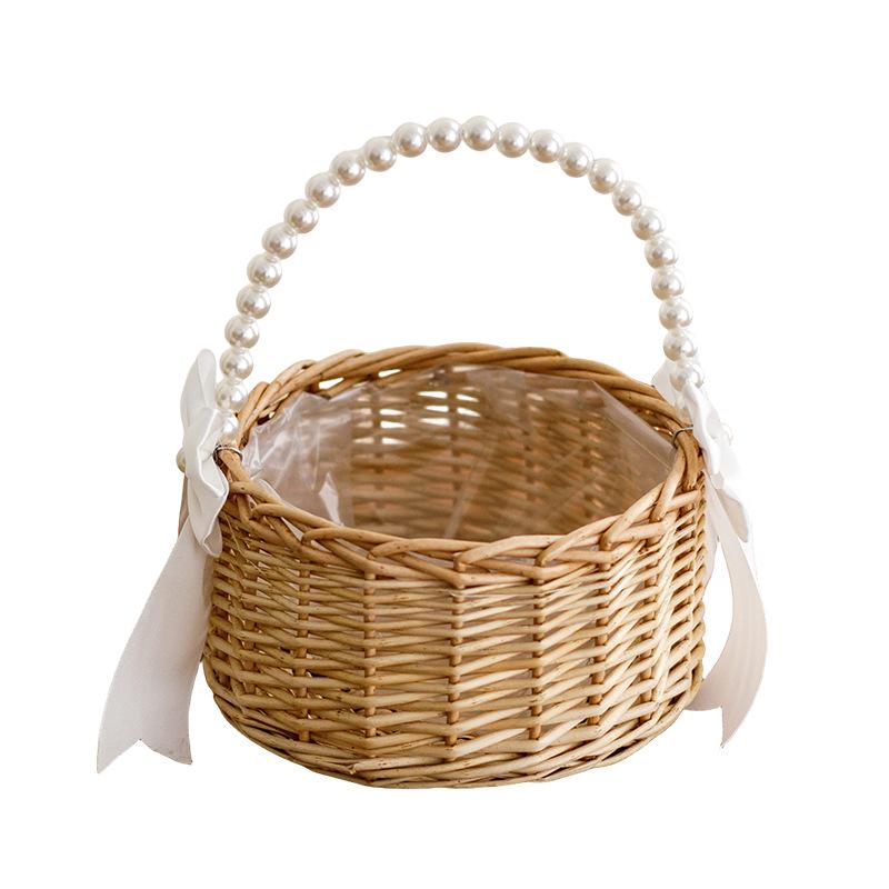 Elegant Pearl Handle Woven Flower Basket for Weddings and Events