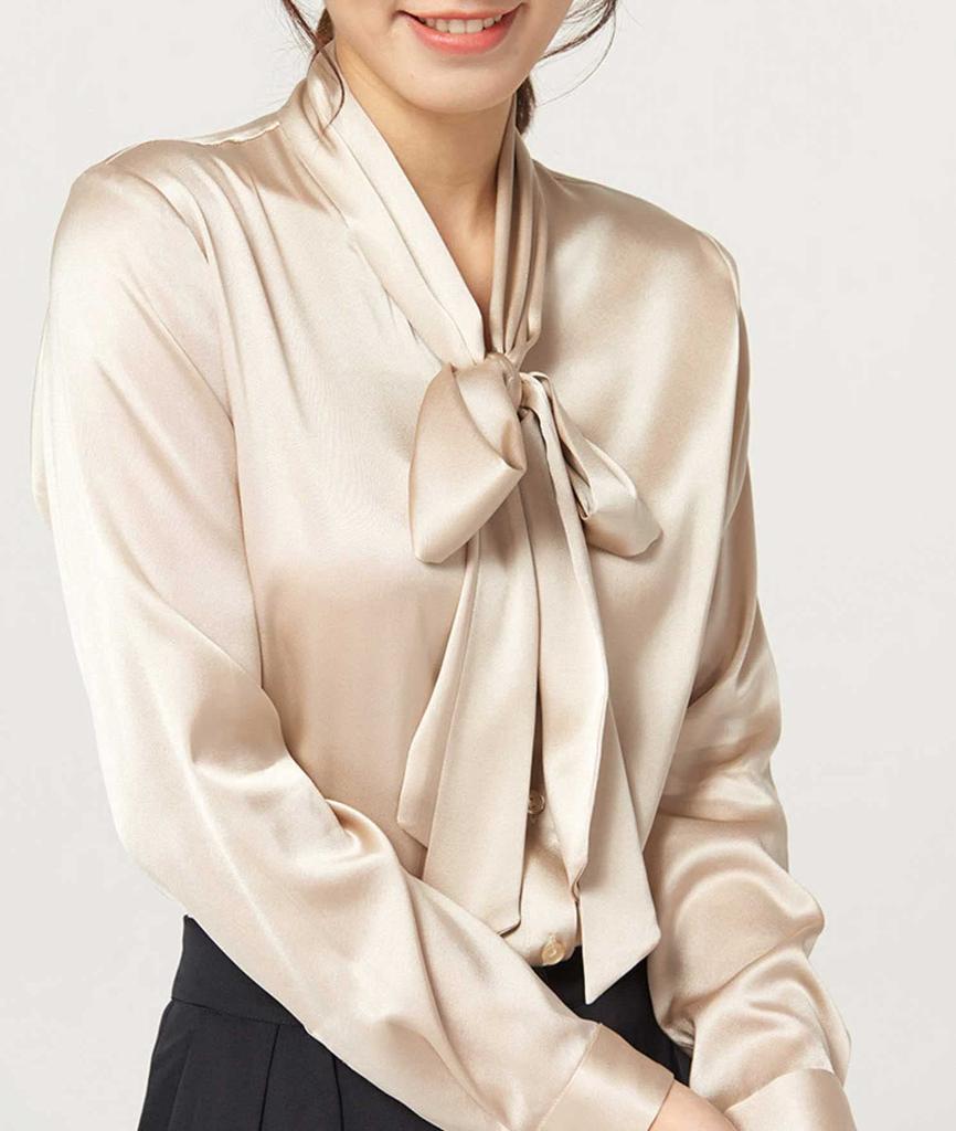 MAYUDAMA Silk Heavy Silk Blouse with Bow Tie and Large Long Small and Large Choice of Sizes and Colors Champagne Ribbon, Spring/Autumn, Sleeve,