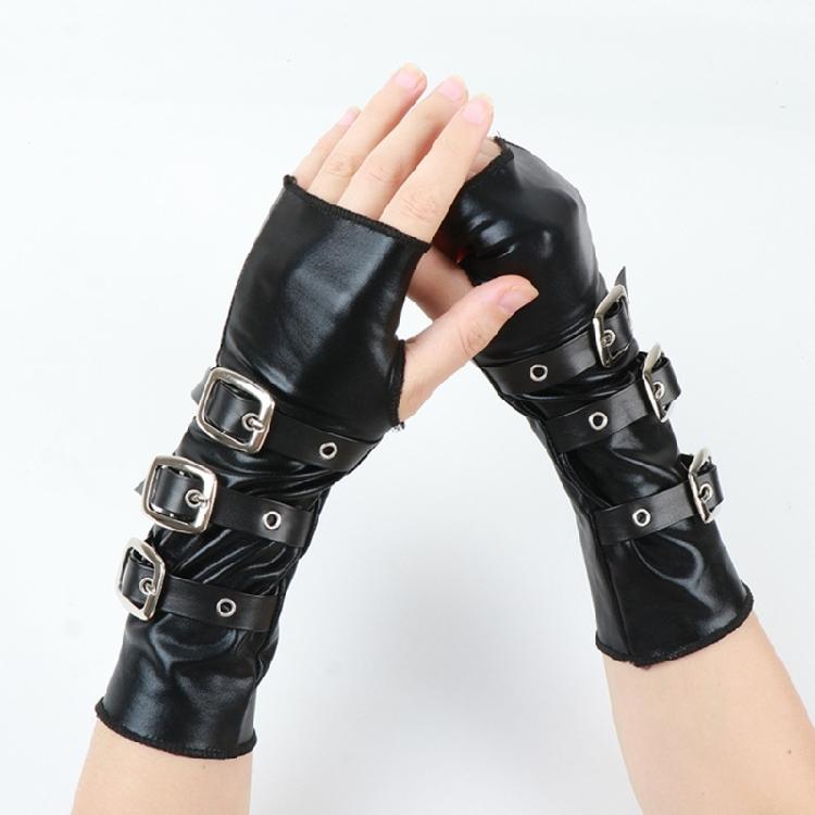 Punk Motorcycling Gloves with Metal Buckles Fastening Soft Arm Sleeves Fingerless Gloves for Women Night Club Dancing