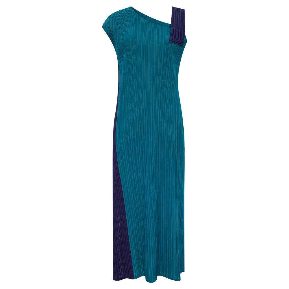 

2026 Spring/Summer Asymmetrical Strap Color Block Maxi Dress: Elegant Slimming Waist-Cinched Design for Women One Size озеро синий