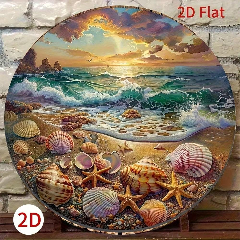 Metal Poster Round 8x8 Inch Vintage Nautical Beach Wall Art, Shell and Starfish Iron Sign for Living Room