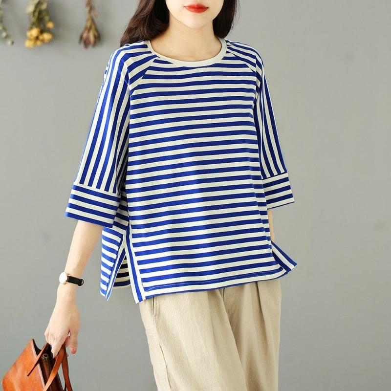 Pure Cotton Horizontal Striped Three-quarter Sleeve T-shirt for Women Summer New Style Literary and Casual All-match Loose T-shirt