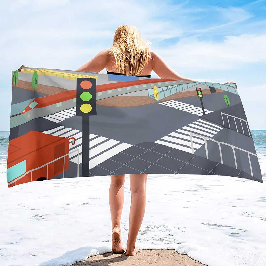 Cartoon Road Traffic Pattern Printing Series Seaside Vacation Beach Towel Swimming Bath Towel