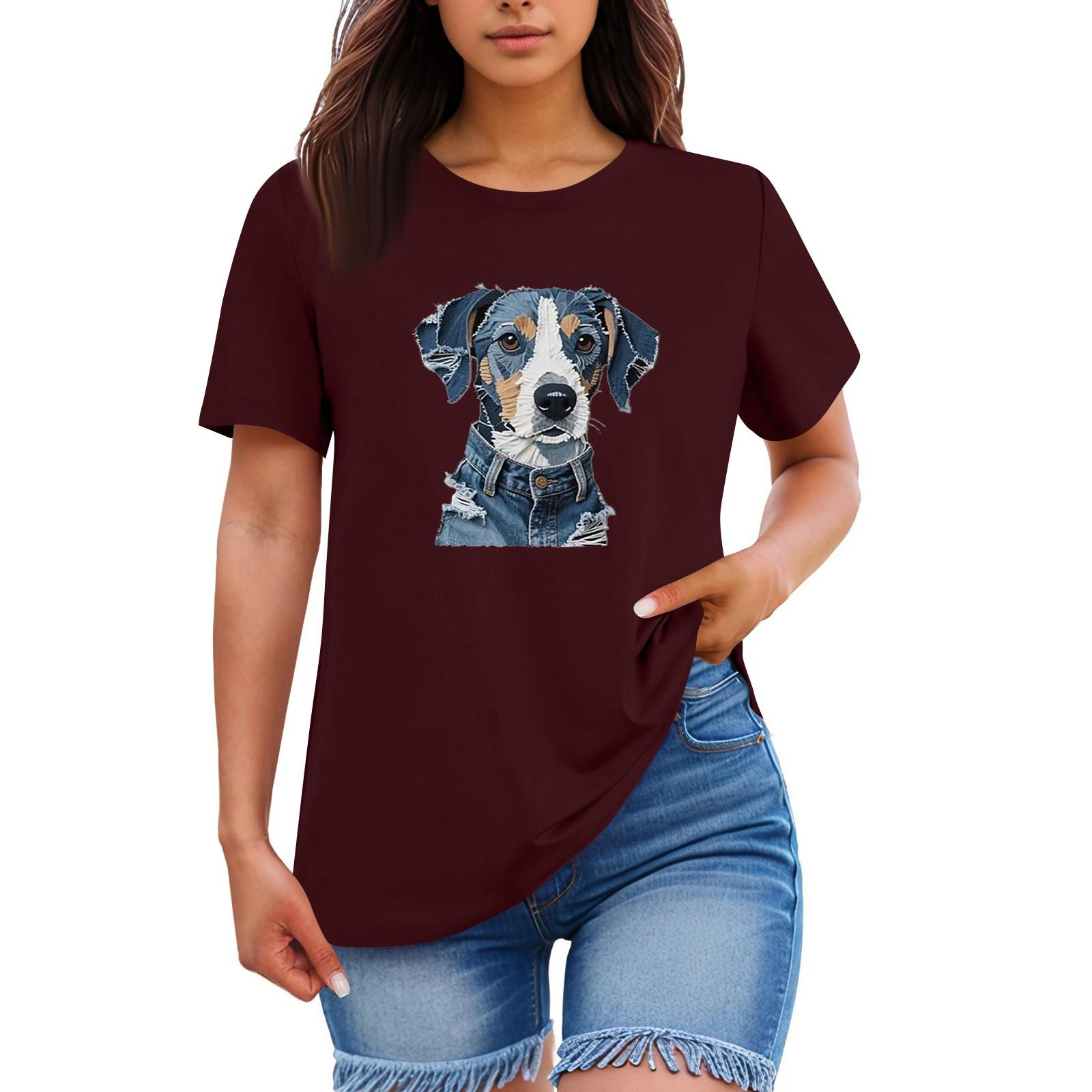 

Ladies Loose Comfortable Casual Fashionable Animal Print Round Neck Short Sleeved Shirt M винний