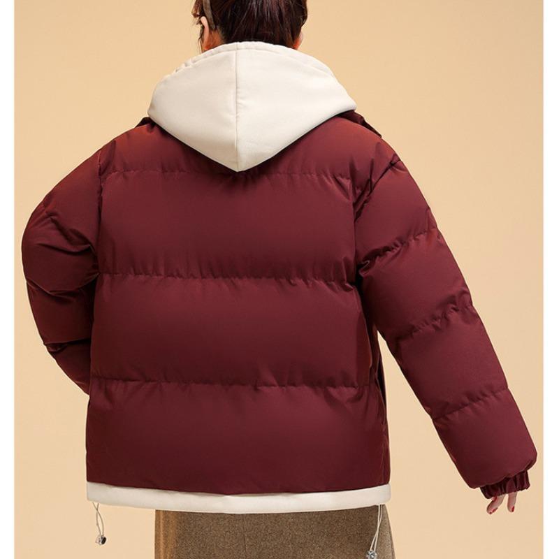 Drawstring Fake Two-piece Women's Autumn and Winter Jacket Short Hooded Jacket Loose Casual Student Warm Jacket 6 Colors