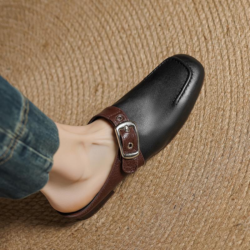 

Fashion 2025 NEW Summer Women Mules Genuine Leather Shoes for Women Round Toe Low Heel Shoes Cover Toe Slingback Sandals Slippers 40 чёрный