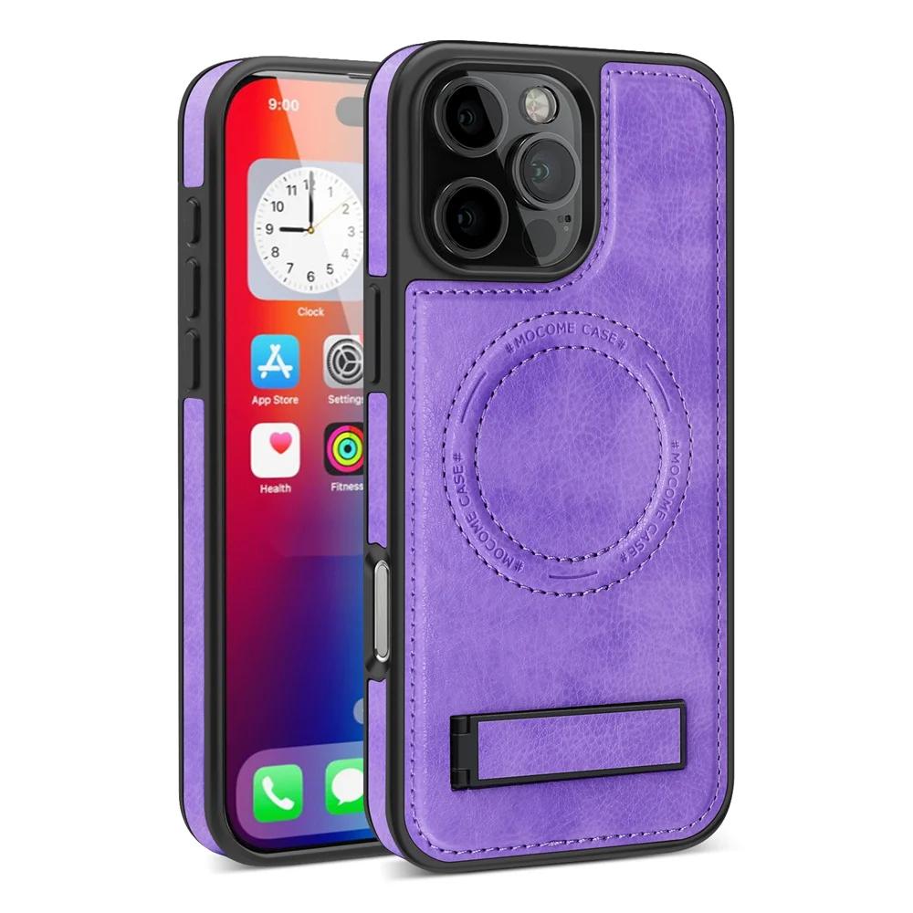 Fashion Leather for Magsafe Phone Case for iPhone 16 Pro Max 15 14 13 12 11 With Stand Bracket Strong Magnetic Shockproof Cover