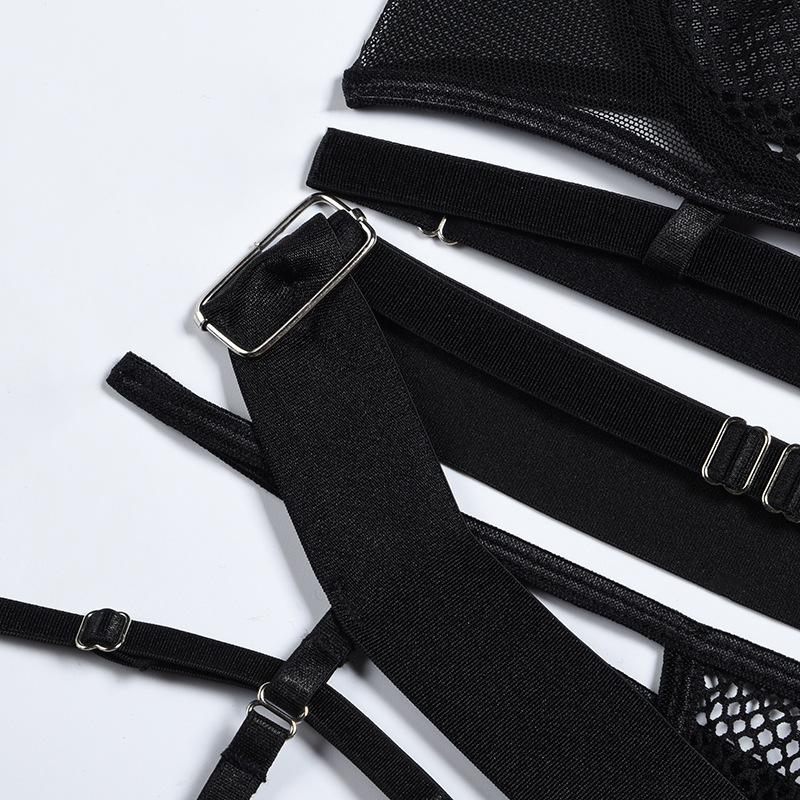 Aduloty Ladies Sexy Lingerie Mesh Hollow Perspective Thin Section Summer Erotic Underwear Underwire Hanging Neck Sling Bra Set