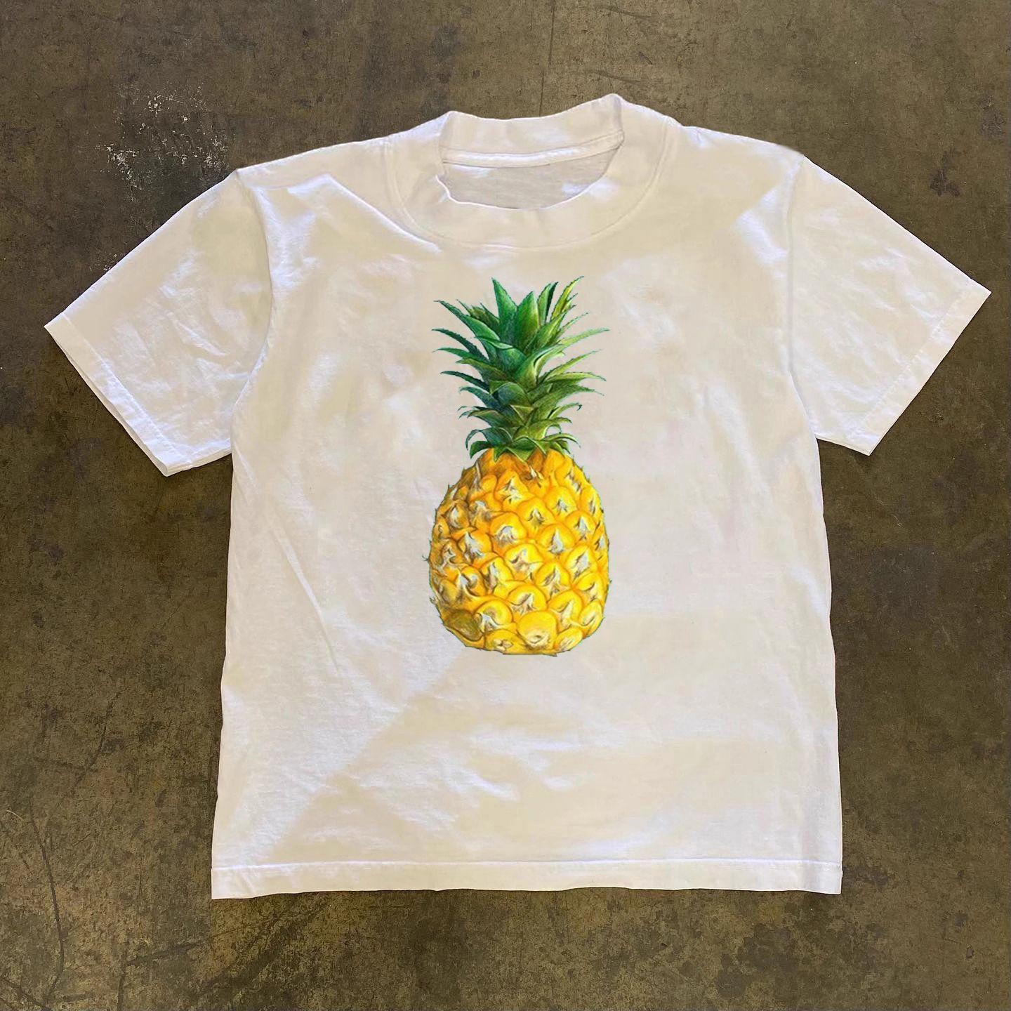 

100% Pure Cotton Short-sleeved T-shirt for Men and Women 2025 Summer, A Loose Round-neck T-shirt with A Pineapple Pattern M