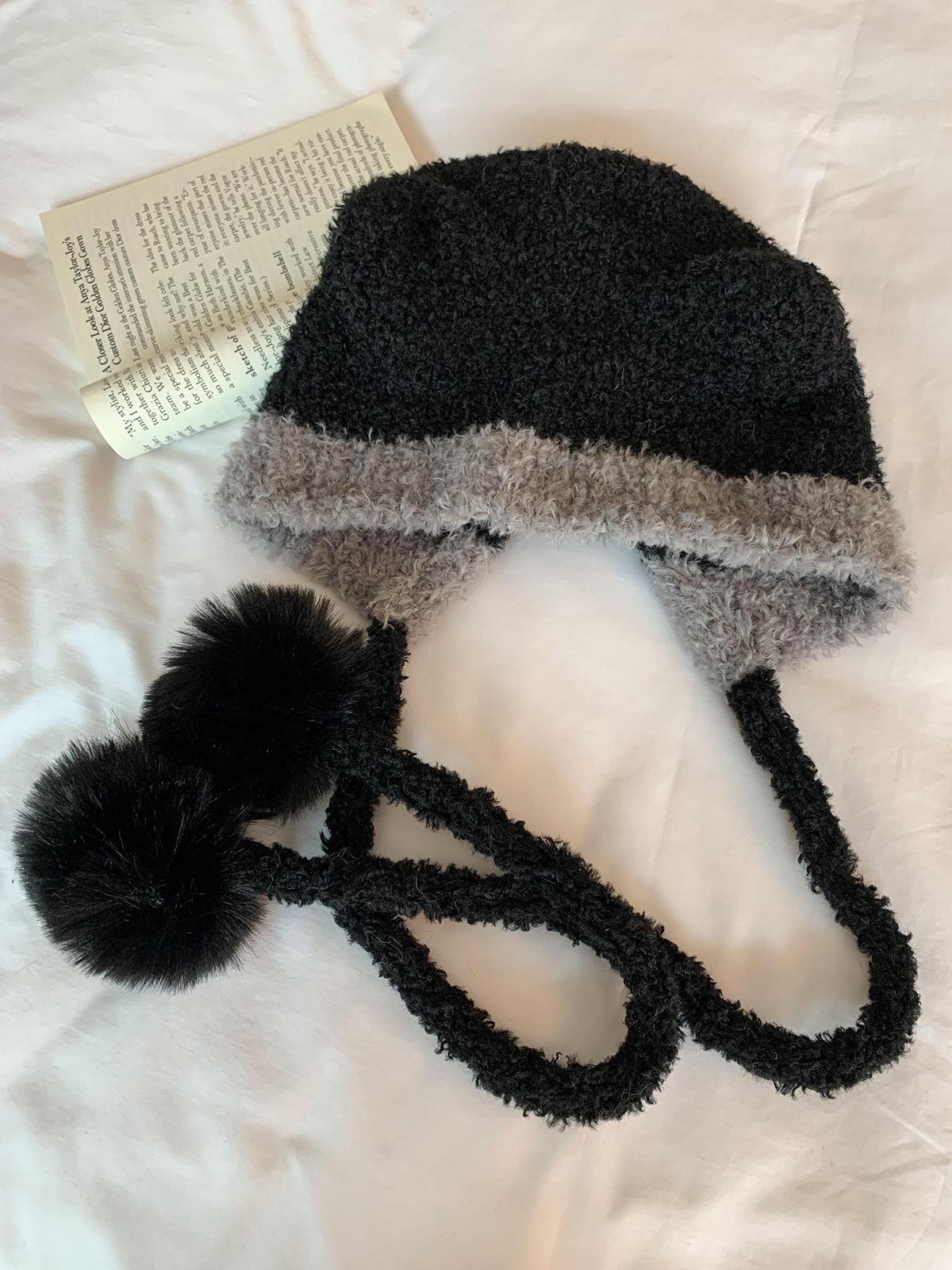 

Осень и зима контрастные цвета кошачьи ушки плюшевая шапка повседневная милая помпон завязки теплая защита ушей вязаная шапка женская M（56-58cm） чёрный