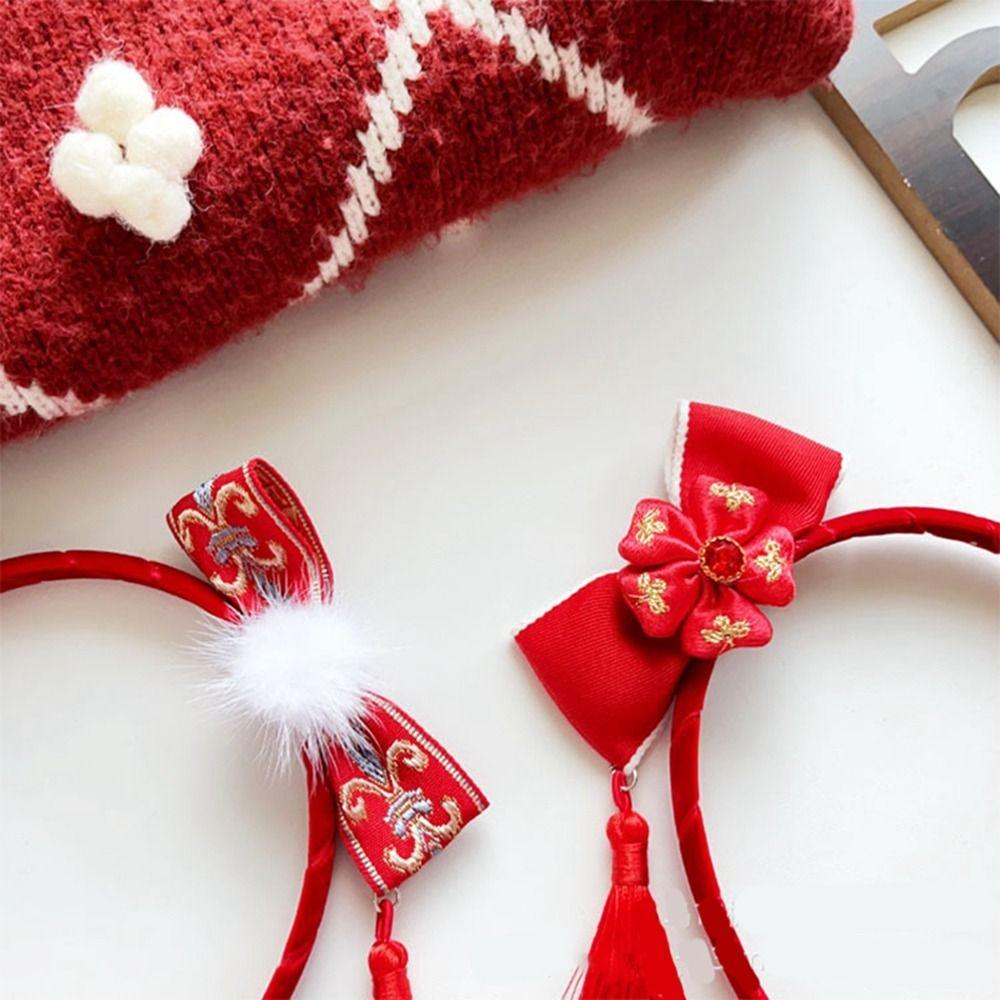 Bandeau de Nouvel An à pompons Fleur Style Chinois Headdress Joli serre-tête à nœud rouge Fille