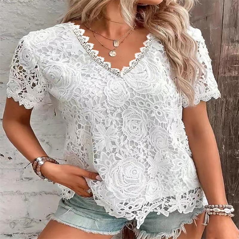 BITCED Women's Fashion Casual Solid Color Print Short Sleeve V Neck Blouses & Shirts