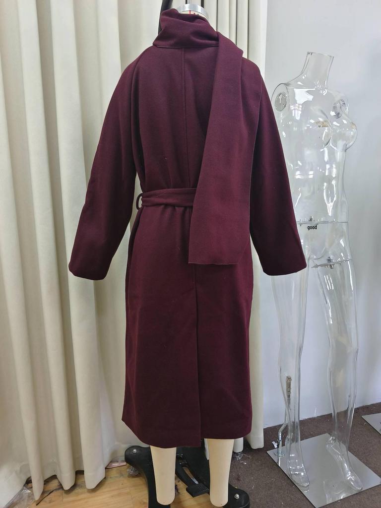 2024 Elegant Solid Woolen Belted Coat with Scarf for European and American Casual Street Fashion