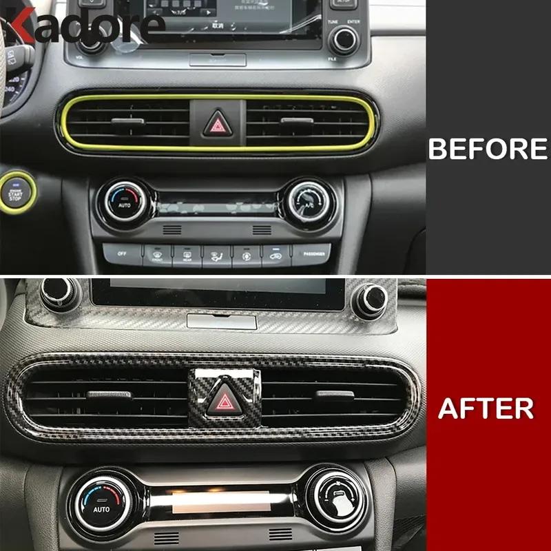 For Hyundai Kona Kauai Encino 2017-  Carbon Fiber Car Center Air Condition Vent Outlet Cover Trim Interior Accessories