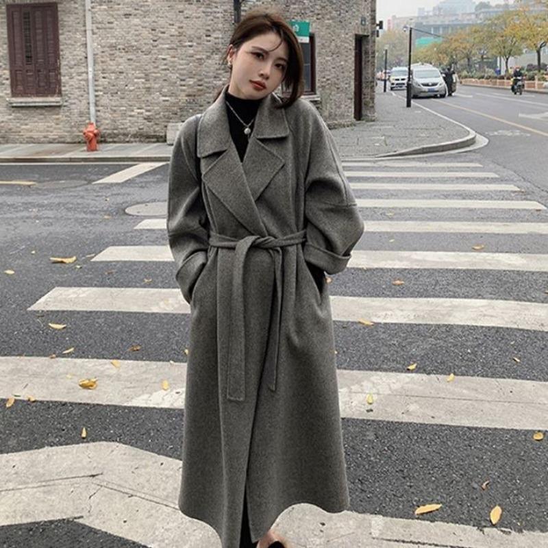 Autumn Winter Casual Fashion Solid Color Lace Up Coat Women Simple All-match Woolen Fabric Outwear Cardigan Top