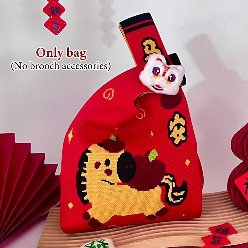 2026 Neujahr Cartoon Maskottchen Pony Gestrickte Geschenktasche Handheld Süßigkeitentasche Große Kapazität Knoten Handgelenktasche Niedliche Wiederverwendbare Einkaufstaschen