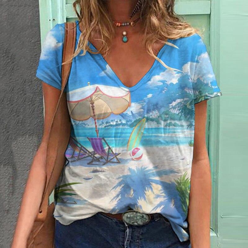 2023 Summer Beach Print Women T Shirt Tops Short Sleeve V-Neck Casual Tshirts Loose Streetwear Tees Women Clothing Blusas 25699