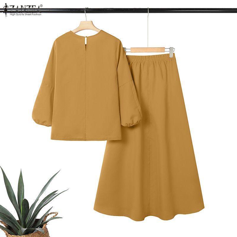 ZANZEA Damen Langarmbluse und Lange Röcke Lässige Zweiteiler Anzugsets