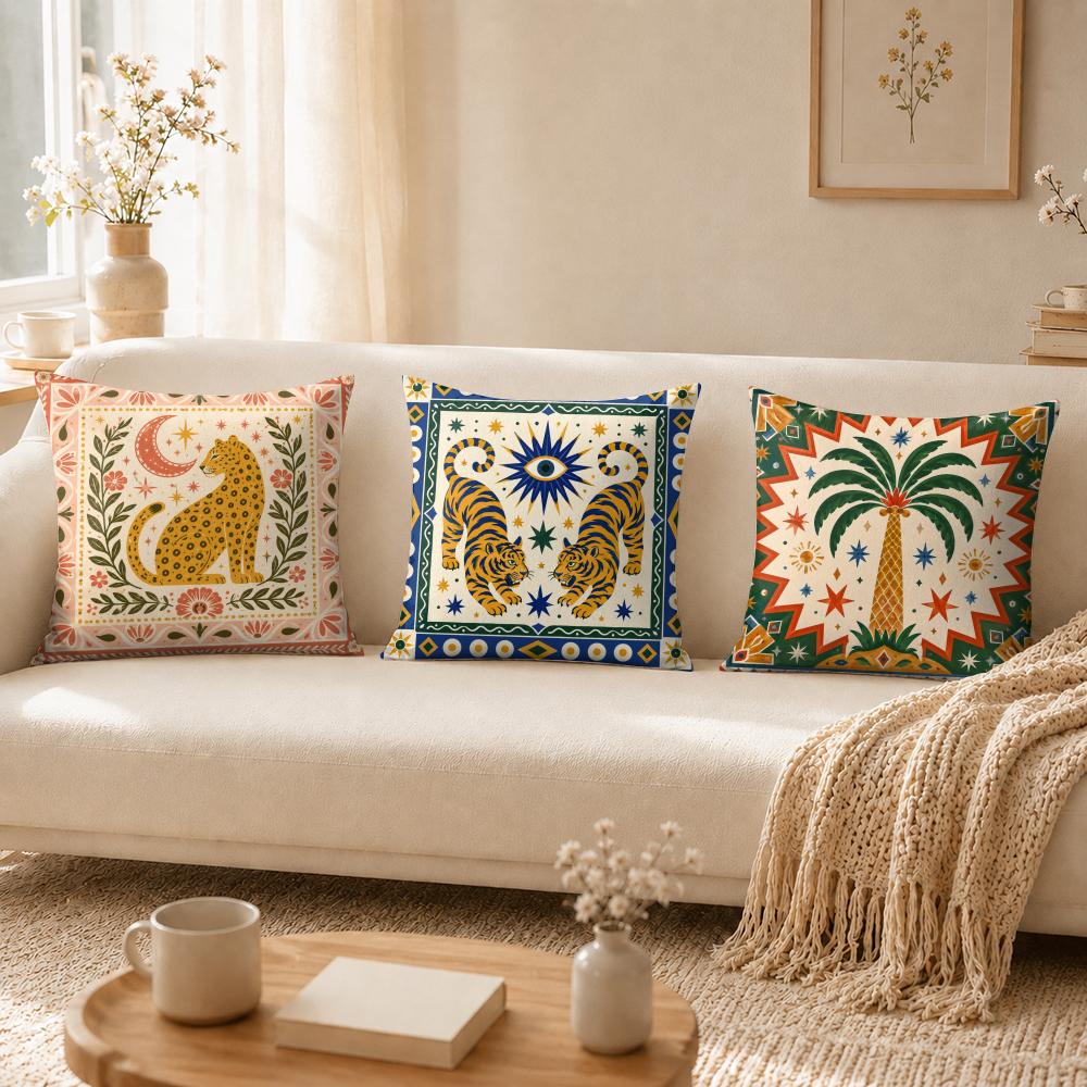 Minimal Boho Sun Leopard Palm Tree Pillow Case Breathable Organic Short Plush Cushion Covers WrinkleResistant Soft Durable