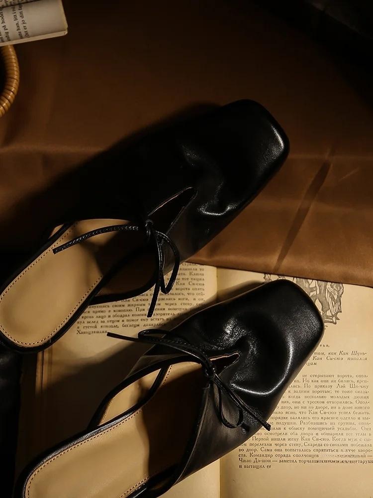 Lace-up bow square head lazy half slippers women wear flat toe shoes