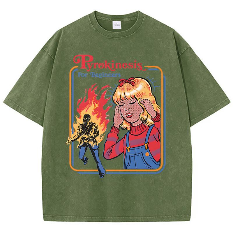 Pyrokinesis For Beginners Washed Retro Men T-Shirts Fashion Cotton Clothes Loose Oversize T Shirt
