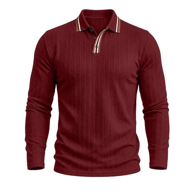Men S Long Sleeve Polo Shirt Vintage Jacquard Solid Color Casual Top