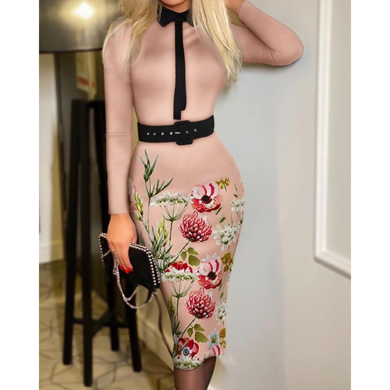 Fashionable Women's Printed Dress with Belt - Standalone Site