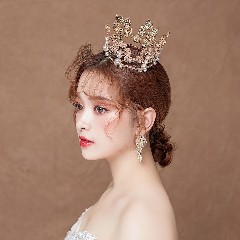 Baroque Bridal Tiara Crown Pearl Rhinestone Round Princess Crown Wedding Accessories Jewelry