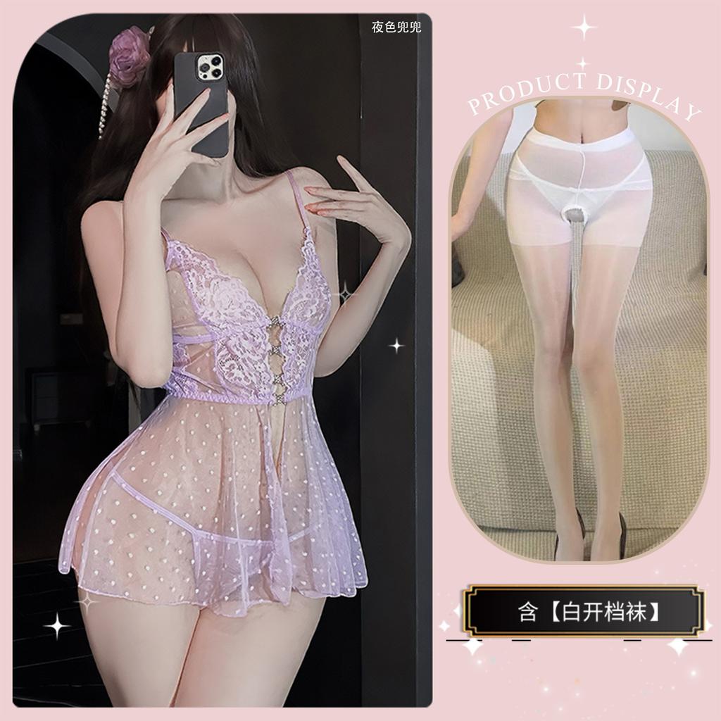 Sex Clothes Sexy Polka Dot Perspective Mesh Lace Crystal Buckle Suspender Nightdress Abstinence Suit