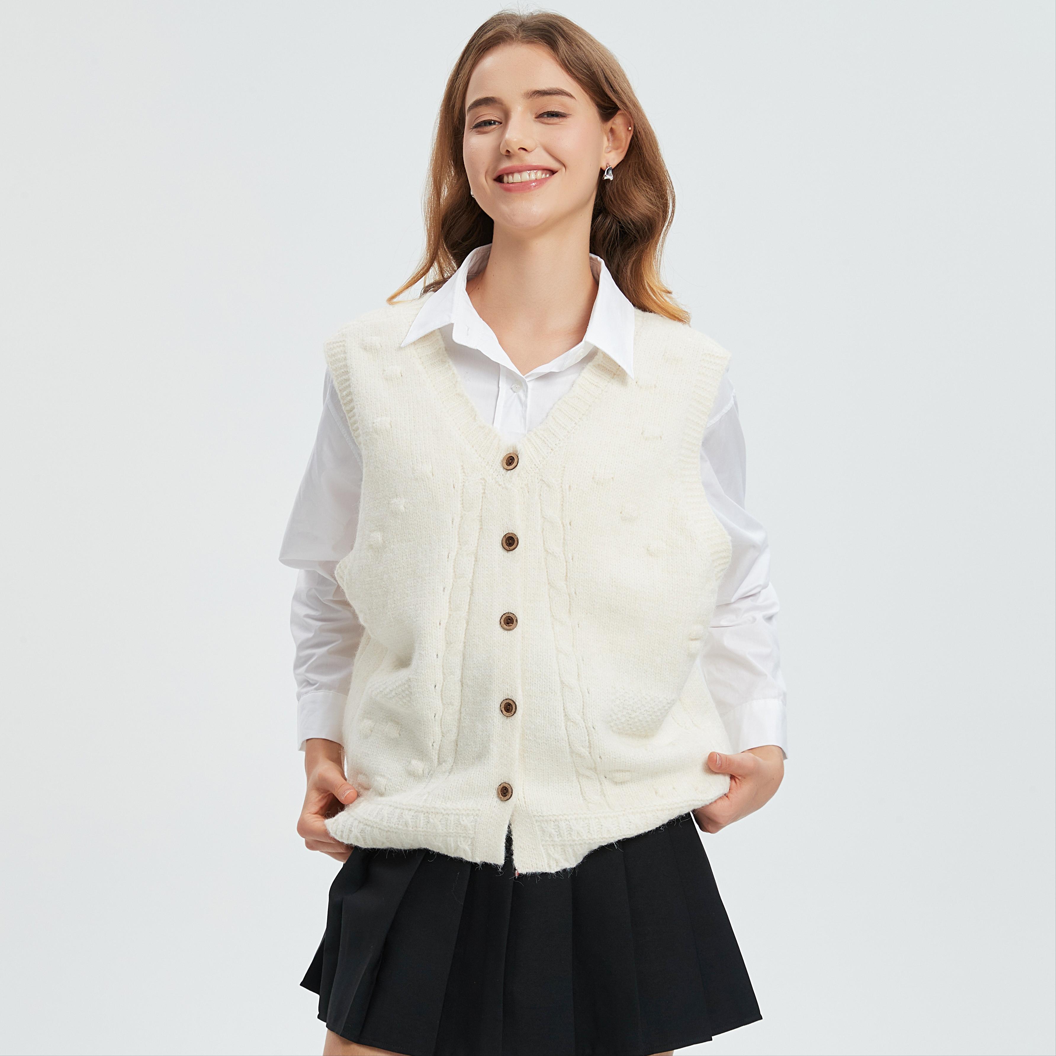 

DIMANAF 2025 Winter Plus Size Autumn Women Sleeveless Vest Sweaters Knitting Buttons Oversize Casual Style Loose Sweater One Size бежевий