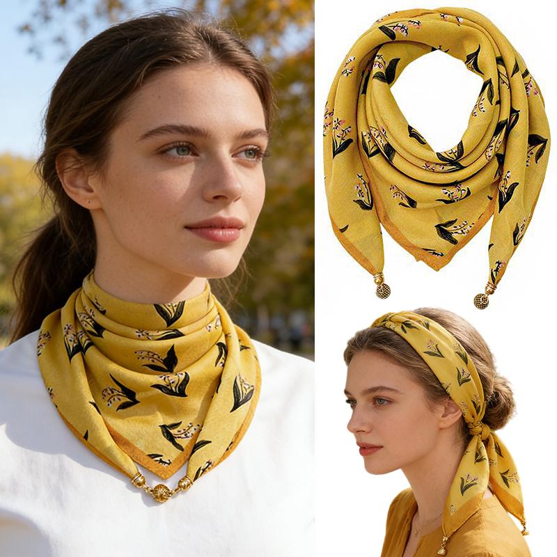 1PC Neck Scarf Versatile Painted Pattern Gift Silk Scarf High-End Magnetic Closure Elegant Accessories French Style Multi-Color