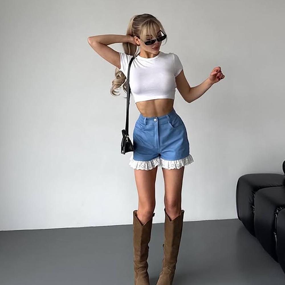 Summer Blue Denim High-Waisted Shorts Lace Splicing Women'S Hot Pants Jean Shorts