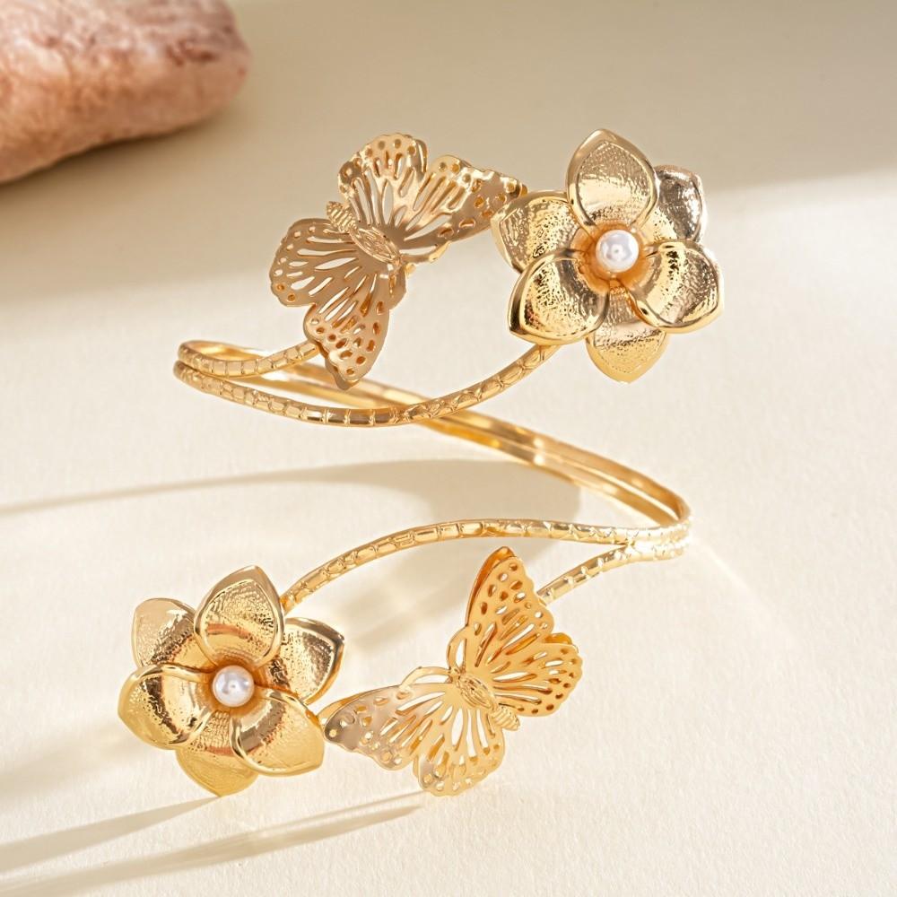 Iron Cuff Bangle for Women Pearl Bohemian Bracelet Fashion Flower Butterfly Arm Cuff Summer золотой