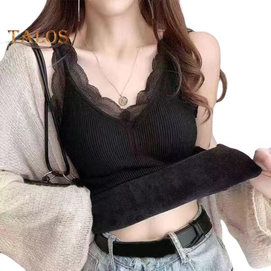 

Женский терможилет с кружевной отделкой, с подкладкой из плюша, с V-образным вырезом, без рукавов, однотонный, облегающий, эластичный, с нагрудными подушечками, многослойный топ-майка для женщин XL чёрный