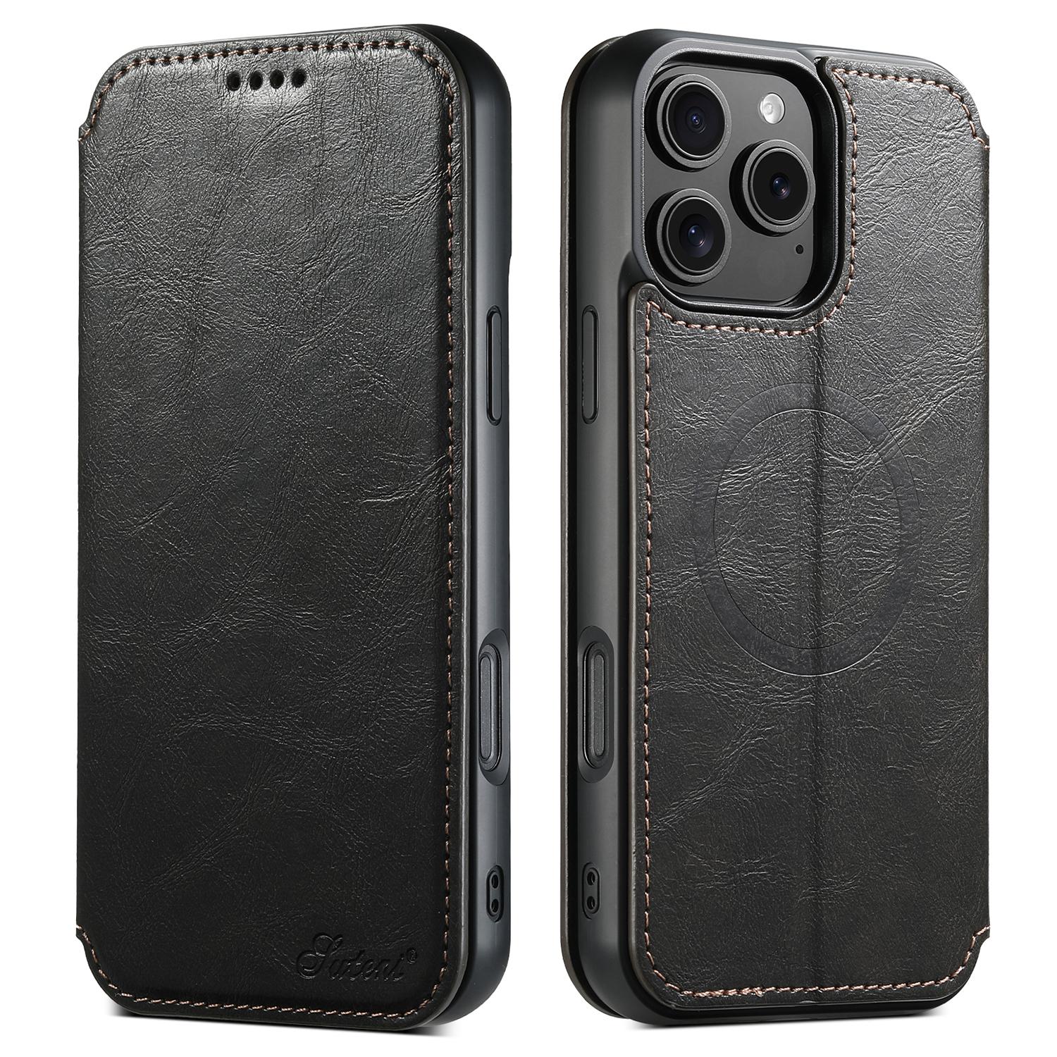 

SUTENI J06 For iPhone 16 Pro Max Case Compatible with MagSafe Textured PU Leather Flip Phone Cover Black