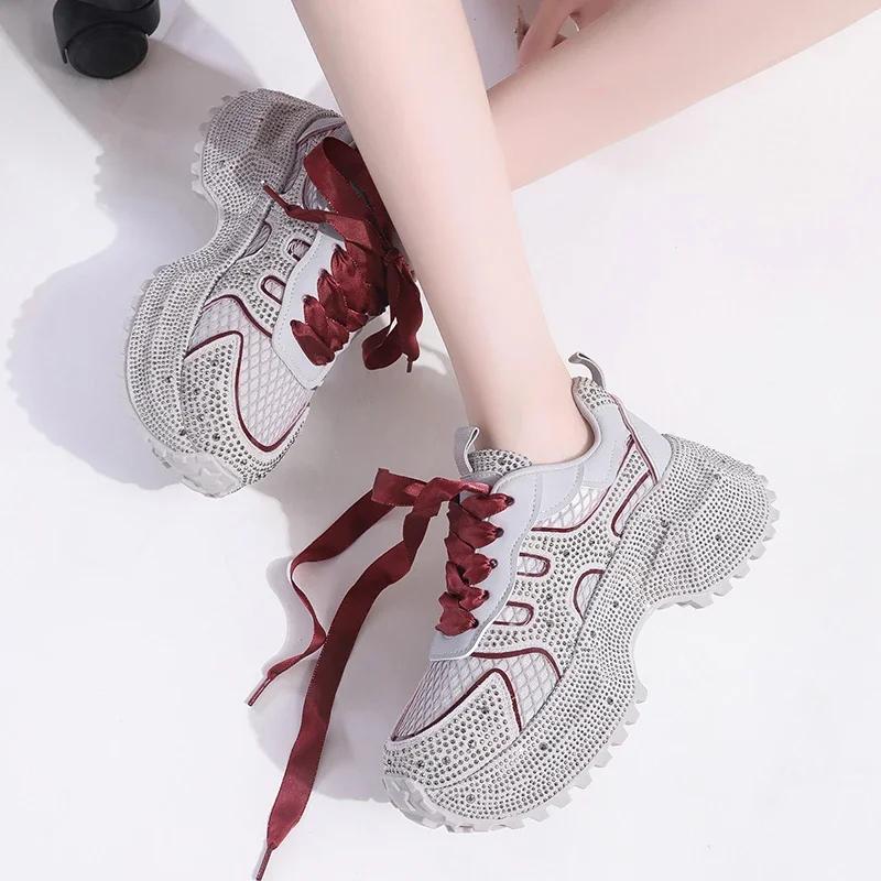 Fashion 7cm Summer Luxury Designer Women Daddy Rhinestone Sneakers Thick Bottoms Mesh Pink Sweet Ladies Tenis Platform Shoes Spring