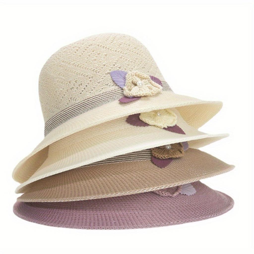 Fashion Fisherman Hat Summer Hollow Hat Ladies Flowers Pearl Basin Hat Travel Hat Wind Rope Hat