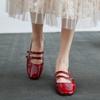 French Vintage Summe Patent Leather Shoes Low Heel Sandals Square Toe Mary Jane High Heels Ladies Double Buckle Elegant Sandals