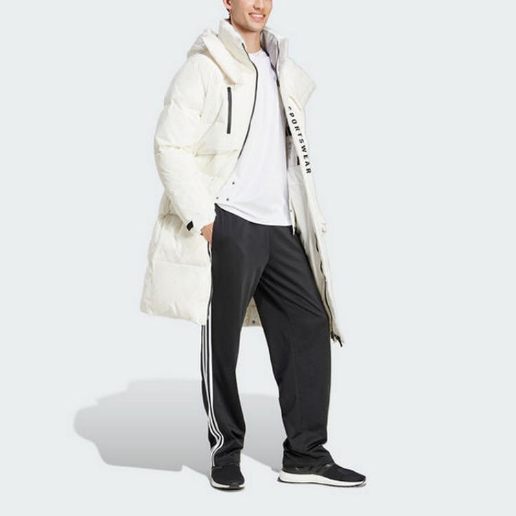 Adidas Sportswear Long Hooded Letter Zip Down Jacket Men Outerwear White JM4604